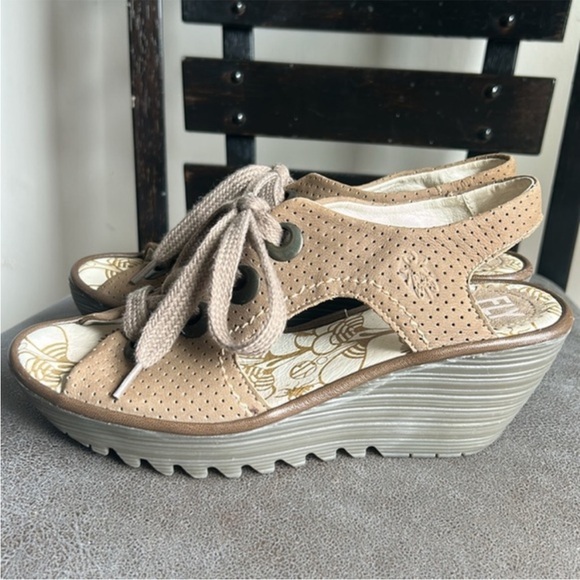 Fly London YLVA Slingback Open Toe Lace Up Wedge Heels Size 37 - Picture 1 of 12